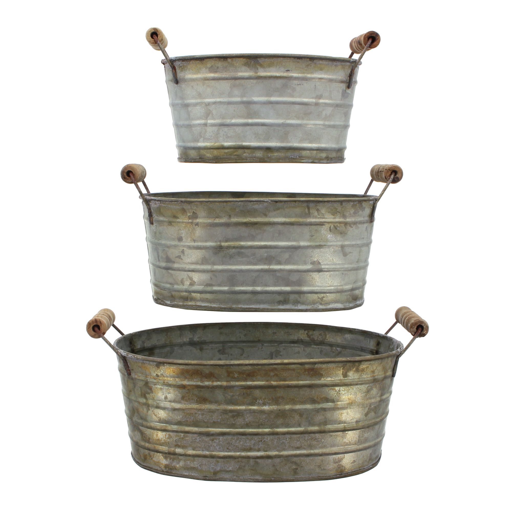 Metallwanne mit Holzgriffen, 3er Set im Frank Flechtwaren Online Shop für Pflanztöpfe kaufen Metallwanne mit Holzgriffen, 3er Set im Frank Flechtwaren Online Shop für Pflanztöpfe kaufen