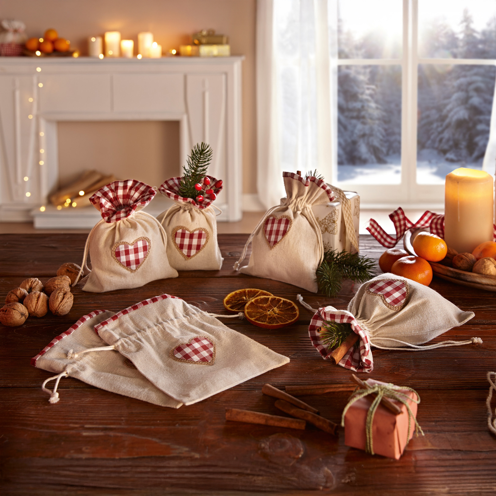 Geschenkbeutel "Landhaus", 6er Set  im Frank Flechtwaren Online Shop für Weihnachten kaufen
